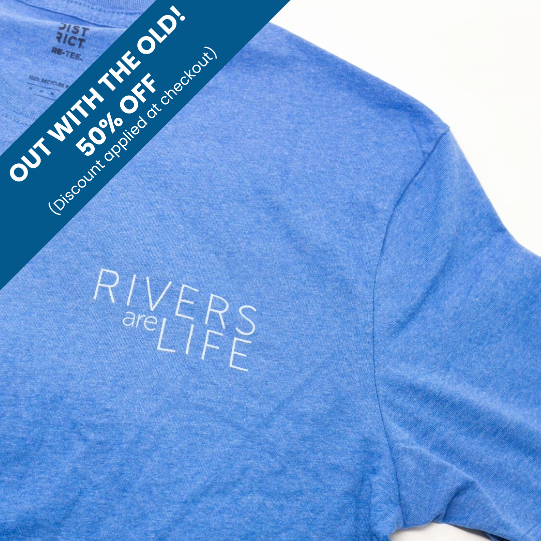 Blue t-shirt with 'Rivers are Life' text on a white background